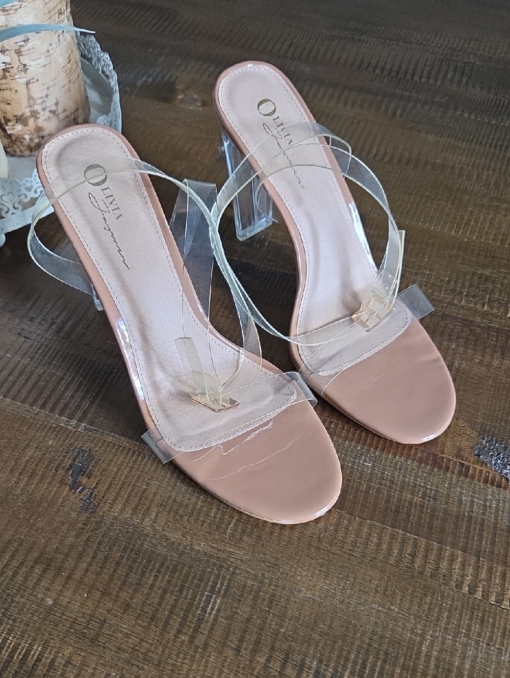 Olivia Jaymes Blush Nude Clear Strap Block Heel Sandals